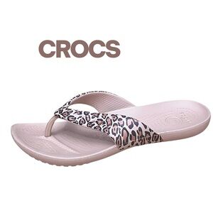 Crocs Kadee II Women’s Sz 7 Shoes Tan Leopard Print Flip Flops Sandals